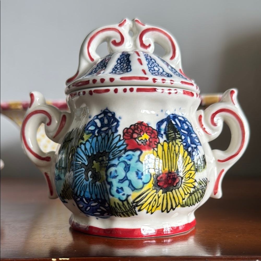 Anthropologie Bird Floral Sugar Bowl and Lid Microwave euc